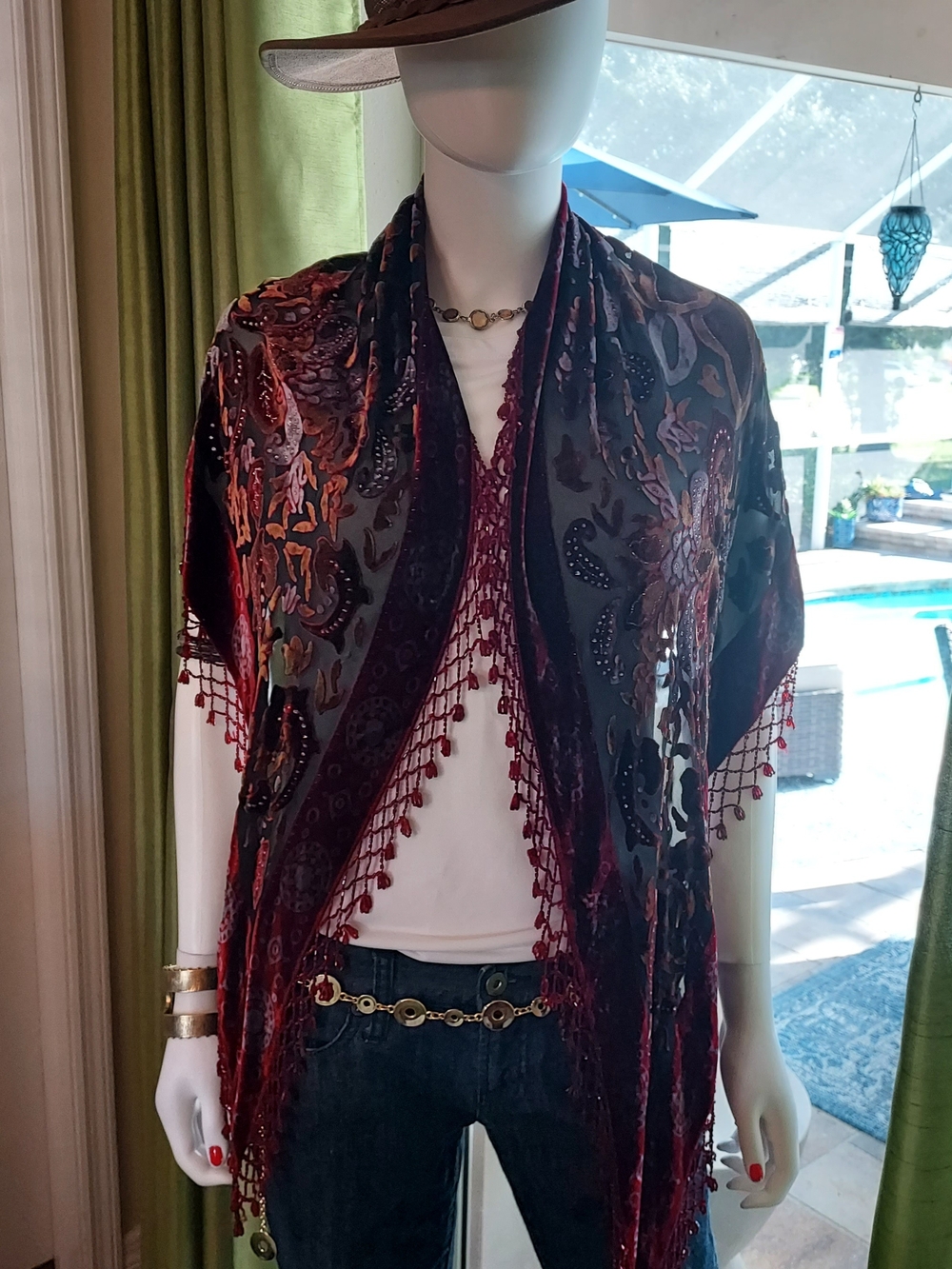 Velvet Burnout Beaded Fringe Shawl Wrap in a Deep Burgundy Flower Design.70 X 40